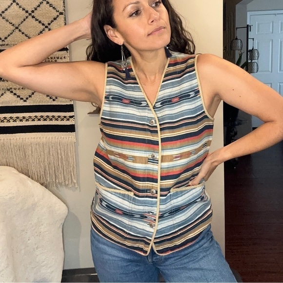 Jones New York Vintage 80s Striped Linen Western Vest Size SP Southwestern - Picture 2 of 8